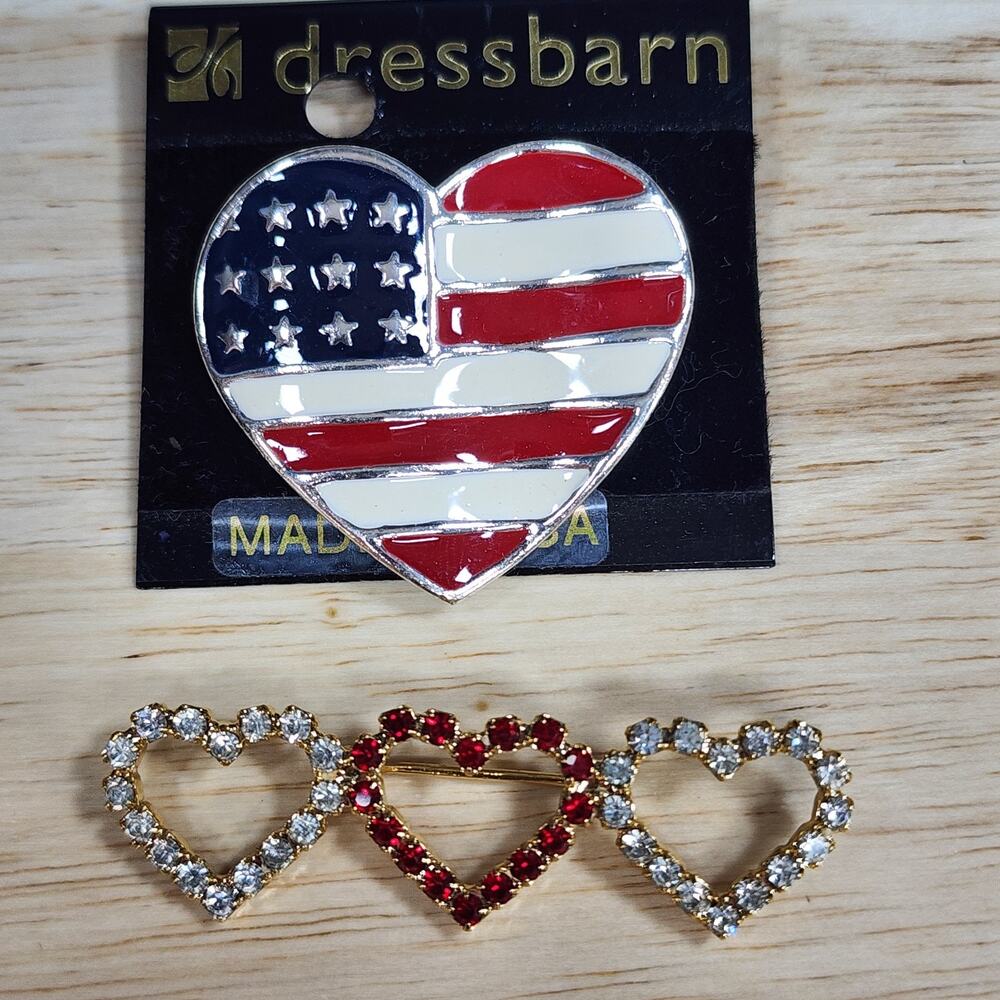 Lot 2 DressBarn USA Flag Heart Pin /Triple Rhinestone Heart Brooch Lot Patriotic